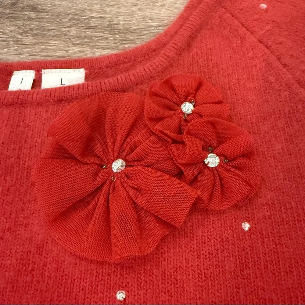 Vtg Cropped Sweater Women’s M Red Rabbit Angora Wool Rhinestones Flower Y2K - Picture 3 of 7